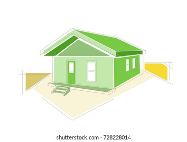 Small square green abstract lodge with colored panels and a grey line drawing