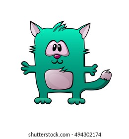 Small square green cartoon cat with pink belly