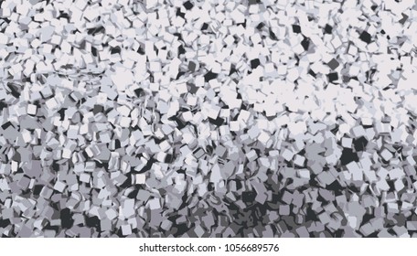 Small square paper pieces in chaos, in black, gray and white colors. Overlay texture. Vector widescreen background.