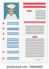 Small square portrait of experienced Italian chef in white uniform with mustaches on detailed resume vector illustration.