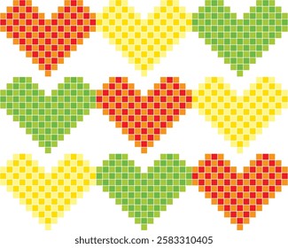 small square red yellow and green color are formed in the shape of a heart seamless pattern. heart shape vector illustration.