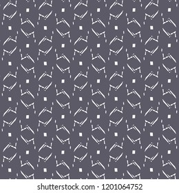 Small squares and abstract geometric shapes contoured with broken lines. White pattern on dark blue background.  Textile fabric. Vector illustration.