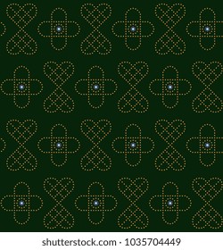 Small squares geometrical motif pattern leprechaun green background. Simple flowers all over fabric design. Decorative floral ornament for textile, paper, wrapping cloth, book cover printing block.