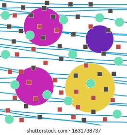Small squares and large circles are scattered throughout the space. Behind the colored shapes, there are thin horizontal lines.