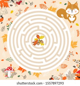 Small squirrel in the autumn forest. Educational game for children. A fun maze for young children. Cartoon vector illustration.