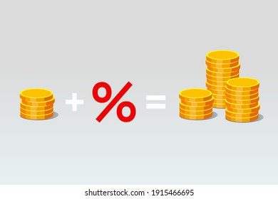 Small stack of gold coins, plus sign, red percent sign, equal sign and many stacks of gold coins over light background. Equation of income growth and increase profit, successful business concept