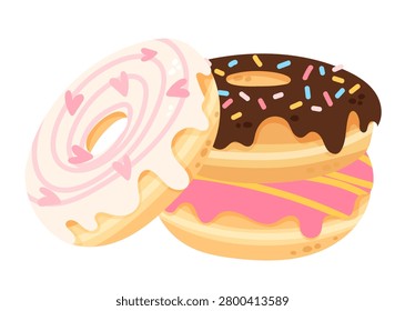 Small stack of three delicious donuts on transparent. Pastries with pink heart icing, chocolate sprinkles, and yellow glaze. Sweet pastry pile vector illustration for bakery menus and cafe advertising