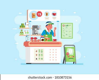 small stand coffee shop with man chracter as cashier wearing uniform, coffee maker and other equipment arrange in the stand. used for poster, website image and other