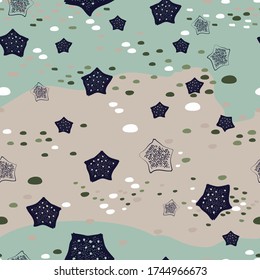 Small starfish on the sand light vector seamless pattern for decoration, wrapping, textile.