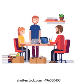 Small Start Up Company. Game Or App Development. Group Of Young Students Software Developers Programming Code Together At Home Garage. Flat Style Vector Illustration.