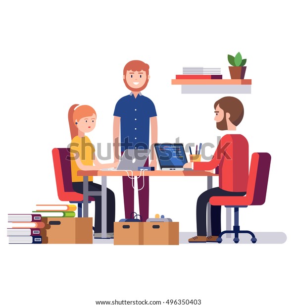 Small start up company. Game\
or app development. Group of young students software developers\
programming code together at home garage. Flat style vector\
illustration.