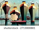 Small steam tugboat and loading and unloading cargo ships at a dock, with shipping containers and port cranes in the background. Handmade drawing vector illustration in Art Deco style.