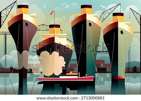 Small steam tugboat and loading and unloading cargo ships at a dock, with shipping containers and port cranes in the background. Handmade drawing vector illustration in Art Deco style.