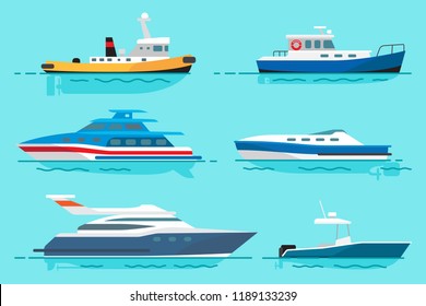 Small steamer, blue fishing boat, modern luxury yachts for sea walks and simple motor boat stand on water surface vector illustration.