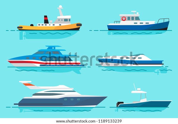 小さな蒸し船 青い漁船 現代の海水浴用高級ヨット 水面ベクターイラストの上に単純なモーターボートが立つ のベクター画像素材 ロイヤリティフリー