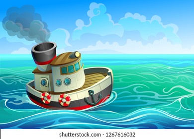 A small steel ship with one pipes goes along the waves. Vector steamer. 