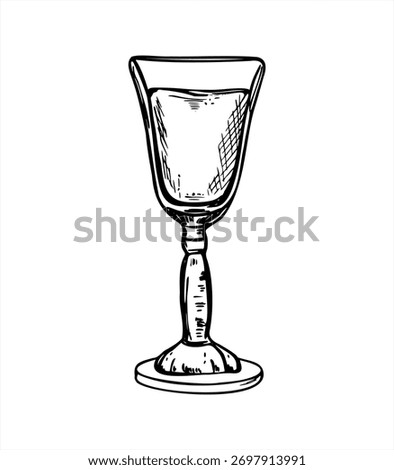 Small stemmed glass with alcoholic beverage monochrome vector line art black ink sketch. Glass shot with limoncello, schnapps or brandy graphic illustration for bar menu, cocktail design, poster.