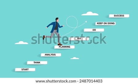 small step lead to success, the way to achieve big goal, step by step journey to reach success with small step, successful businessman climbs the ladder with a series of stages towards success