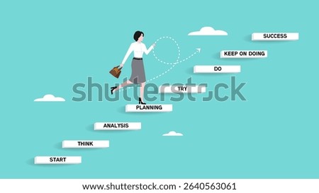 small step lead to success, the way to achieve big goal, step by step journey to reach success with small step, successful businesswoman climbs the ladder with a series of stages towards success