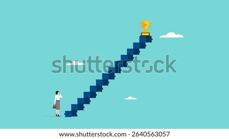 small steps to success or achieve big goals, consistency and perseverance to reach target, small change big impact concept, woman climbs small ladder diligently to reach the championship trophy
