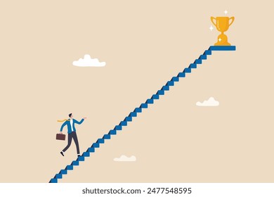 Small steps to success, challenge improve career and achieve target, journey, aspiration to reach goal, patience and persistence concept, businessman walk up small step stair to reach trophy reward.