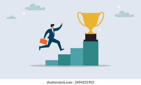 Pequeños pasos para el éxito, el desafío, mejorar la carrera y lograr el objetivo, el viaje, la aspiración de alcanzar la meta, la paciencia y el concepto de persistencia, el hombre de negocios subir escaleras Pequeñas para alcanzar la recompensa del trofeo.