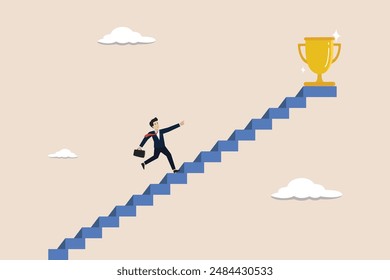 Small steps to success, challenges to achieve success targets, patience and persistence concept, businessman walk up small step stair to reach trophy reward.