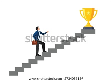 Small steps to success, challenges to achieve success targets, patience and persistence concept, businessman walk up small step stair to reach trophy reward. 


