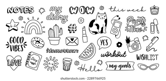 Small stickers for diaries linear. Set of labels for books and memo. Cactus, donut and different inscriptions. Sun and watermelon. Cartoon flat vector illustrations isolated on white background