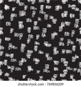 small stitches, zigzags drawn by hand on a black background, minimalistic seamless pattern, monochrome vector design.
