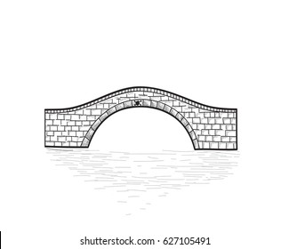 Small stone bridge isolated. Engraving retro illustration. Doodle line art