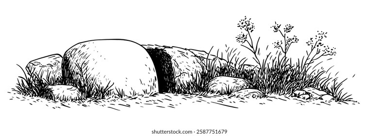 small stone cave entrance in grassy landscape in hand-drawn line art style