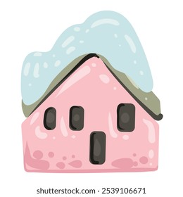 Small stone house with snow caps on the roof. Winter landscape with cute little house. Vector image of a cozy home.