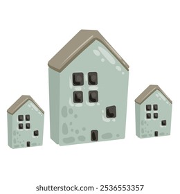 Pequenas casas de pedra com telhados cinzas. Imagem vetorial de uma acolhedora casa fofa.
