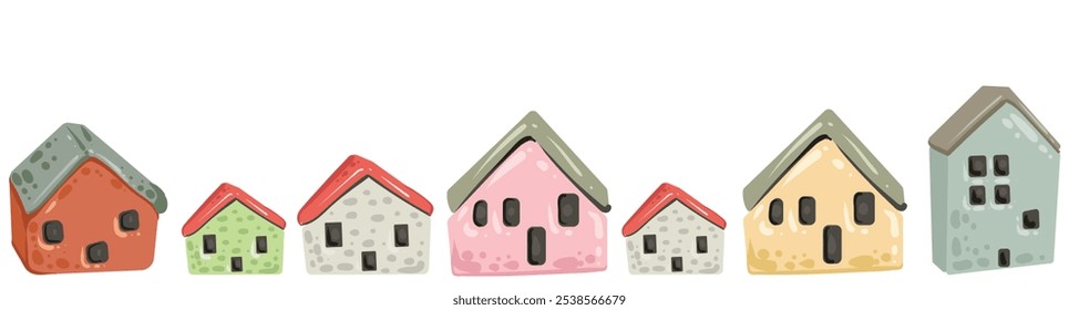 Small stone houses. Houses located in one line. Panorama. Vector image of cozy cute house.