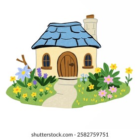 A small stone yellow cottage surrounded by enchanting, fairytale plants, perfect for fantasy gardens and storybook themed design packs.