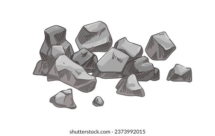 Small stones heap. Broken cobblestones pile. Gravel pieces composition. Natural granite, building fossil. Rock fragments. Geological hand-drawn vector illustration isolated on white background.