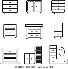 small storage cupboard flat icon, line art, and bundle