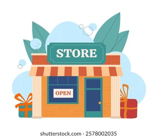 Small store building with OPEN sign, awning, and gifts on a white background, surrounded by abstract leaves. Concept of shopping and retail. Vector illustration