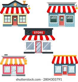 Small store building with red and white striped awning and glass windows, colorful shopfronts with doors and lamps, charming retail facades in various styles and colors