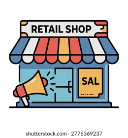 Small store with megaphone sign saying marketing promotion or advertising