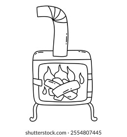 Small stove for heating house with firewood burning inside. Potbelly stove for heat radiation in cold season. Cozy winter time. Black and white vector isolated illustration hand drawn doodle