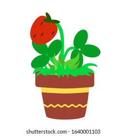 Small strawberries in a ceramic brown pot with a yellow straight line and a winding strip on top. Hobby growing plants in the house in cartoon flat style.