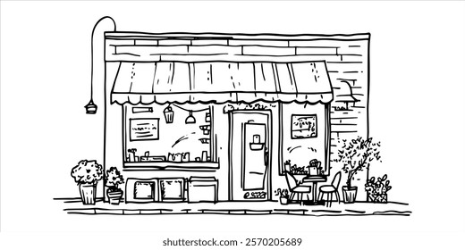 small street cafe facade with outdoor seating hand-drawn illustration