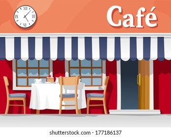 Small street cafe with striped awning, with table and chairs, cups, plates, cake and coffee