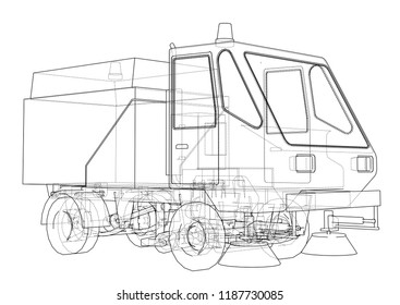 Small Street Clean Truck Concept. Vector rendering of 3d. Wire-frame style. The layers of visible and invisible lines are separated