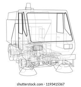 Small Street Clean Truck Concept. Vector rendering of 3d. Wire-frame style. The layers of visible and invisible lines are separated