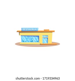 Small street restaurant isolated retro building exterior. Vector local bar, architecture of glass cafeteria or pub. Fast food store, american or european cuisine restaurant, big glass shop windows