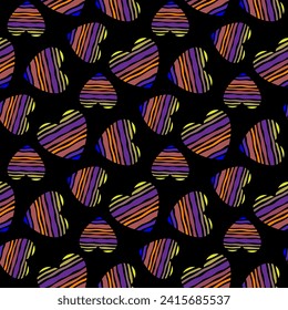 Kleine gestreifte, helle, mehrfarbige Herzen einzeln auf schwarzem Hintergrund. Nahtloses Schnittmuster. Vektorgrafik, einfache flache Grafik. Textur.