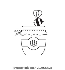 Small striped cute bee on honey jar. Simple line art or outline icon or logo for beewax or honey products shop or store. 